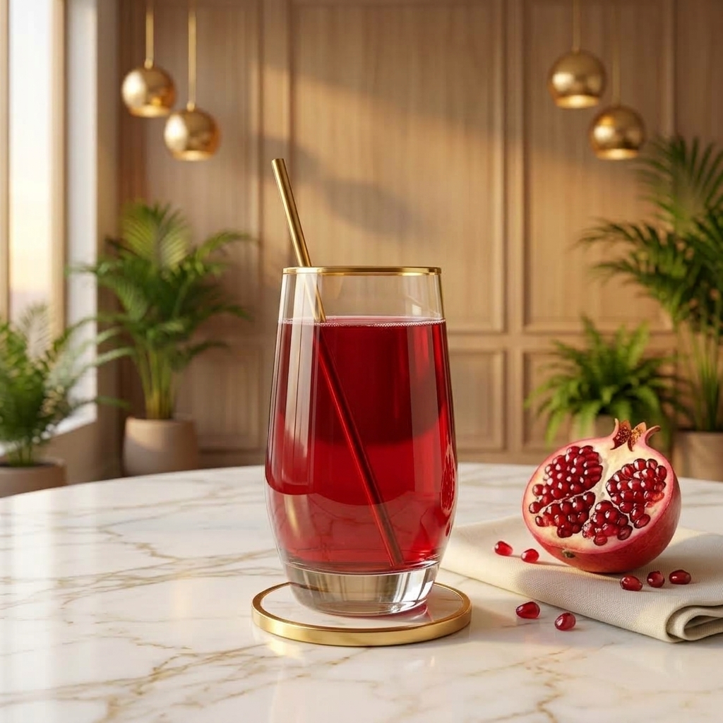 Pomegranate juice in a gold-rimmed glass with a gold straw, half a pomegranate on a linen napkin, on white marble