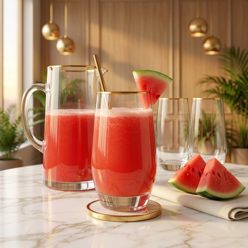 One litre jug of watermelon juice with a filled glass and empty glasses, on white marble