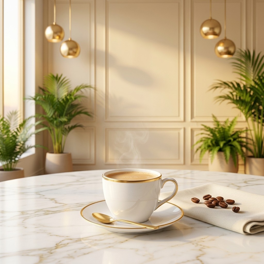 Hot coffee with steamed milk in a gold-rimmed white porcelain cup and saucer, with a gold teaspoon, on white marble