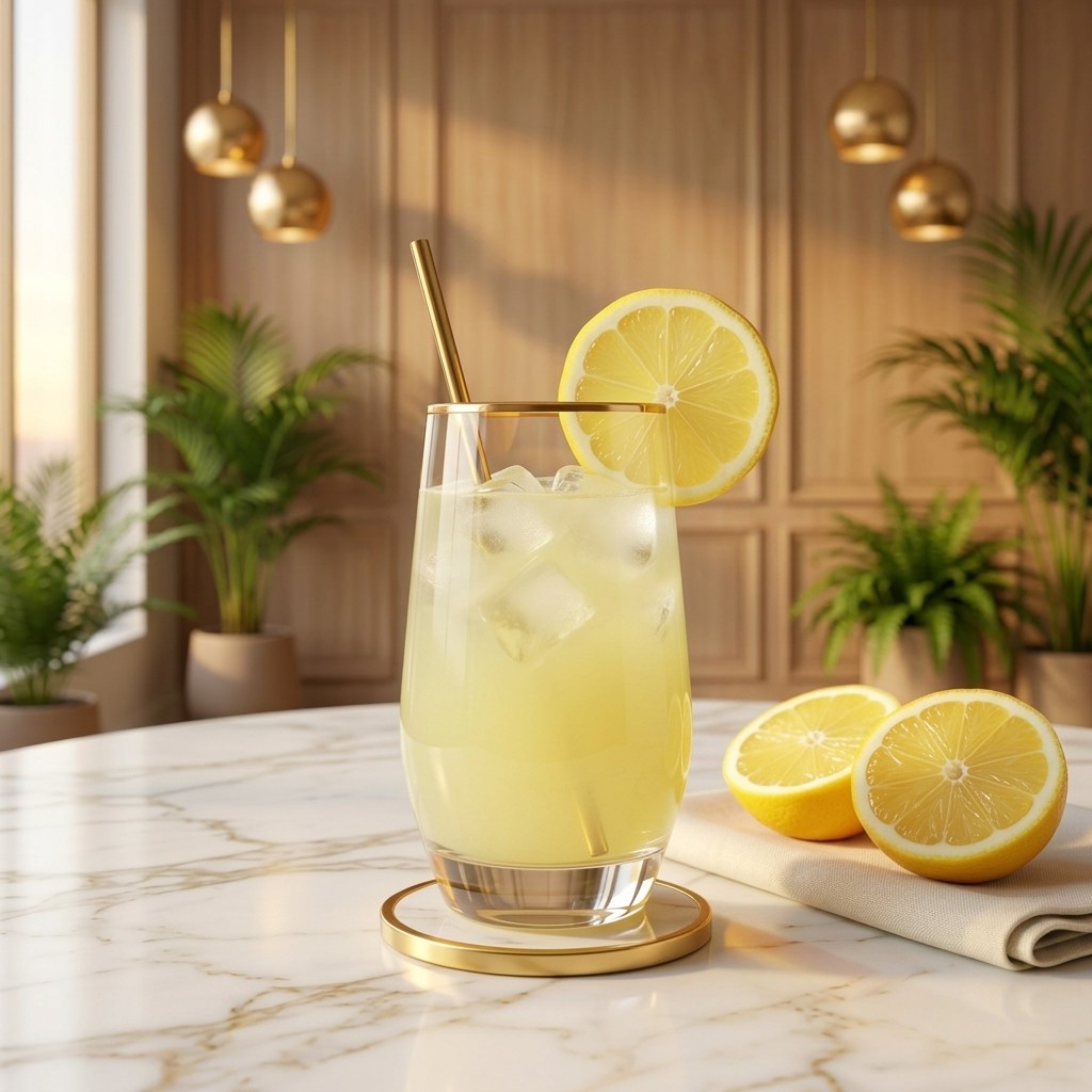 Fresh lemon juice with ice in a gold-rimmed glass with a lemon wheel and gold straw, on white marble