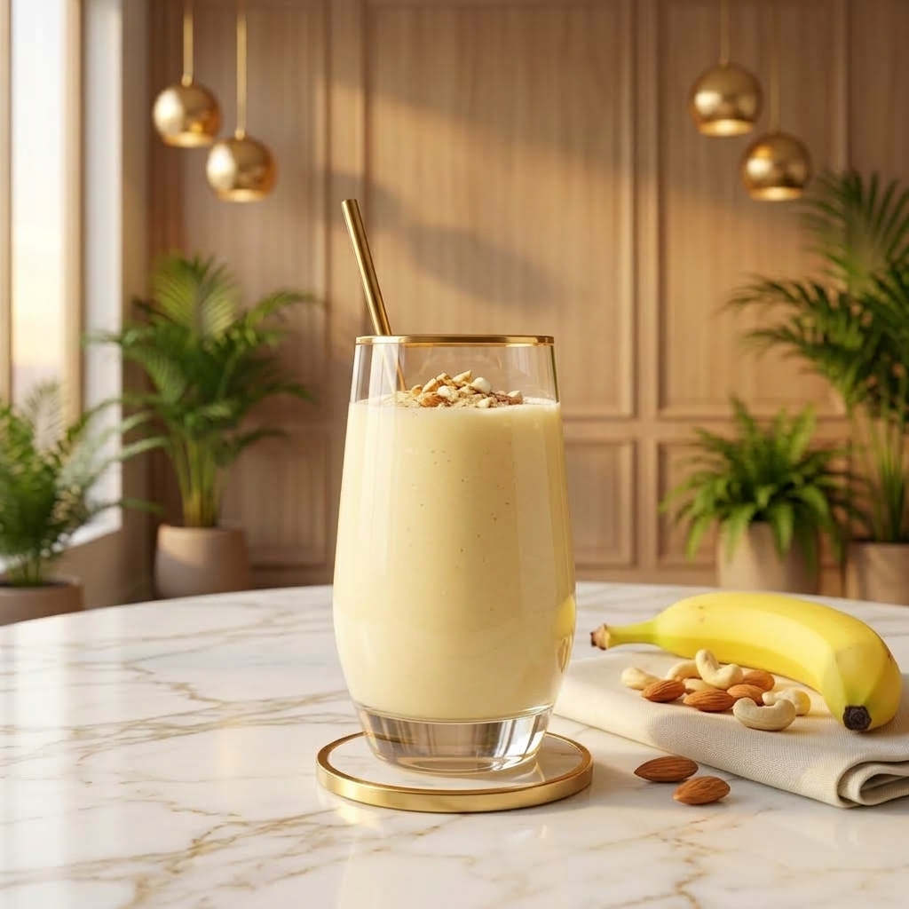 Banana milkshake in a gold-rimmed glass topped with crushed nuts, a banana, almonds and cashews, on white marble