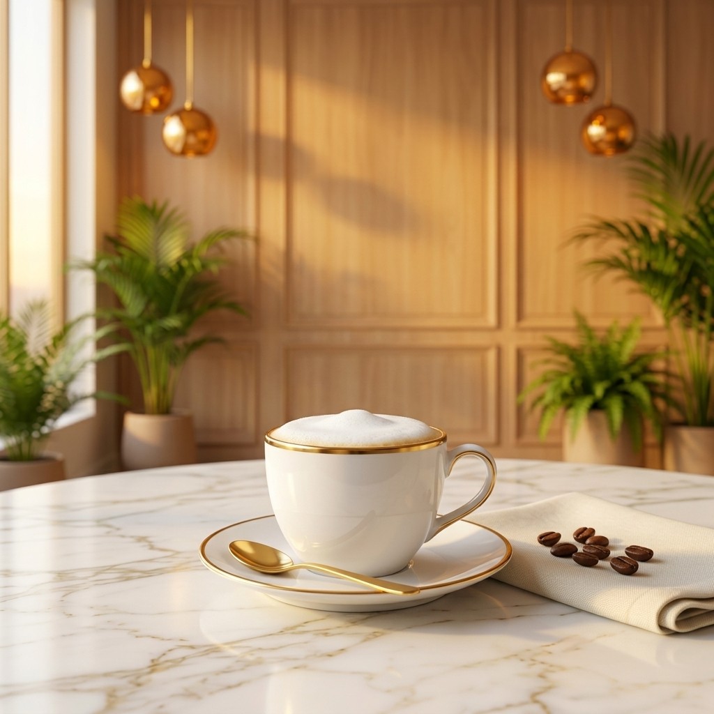 Cappuccino with thick milk foam in a gold-rimmed white porcelain cup and saucer, with a gold teaspoon, on white marble