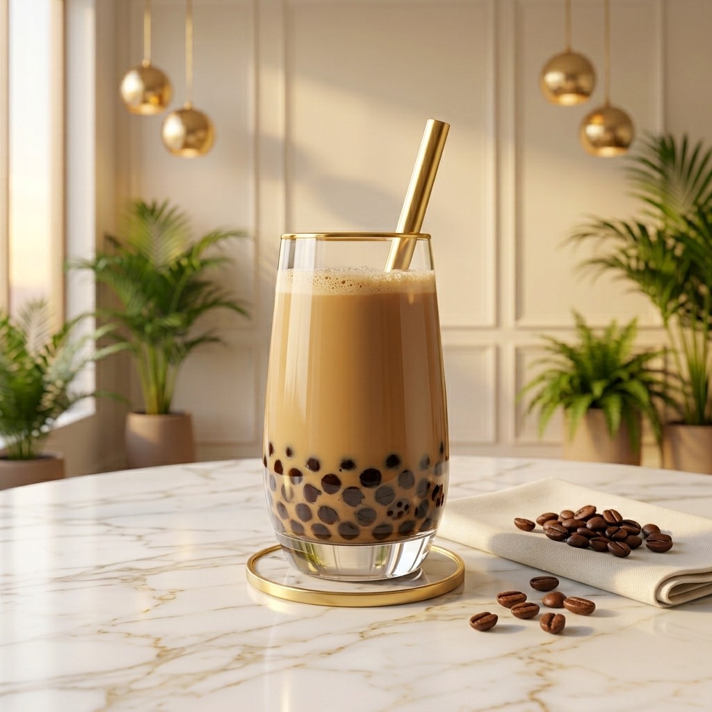Boba cold coffee with tapioca pearls in a gold-rimmed glass with a wide gold straw, on white marble
