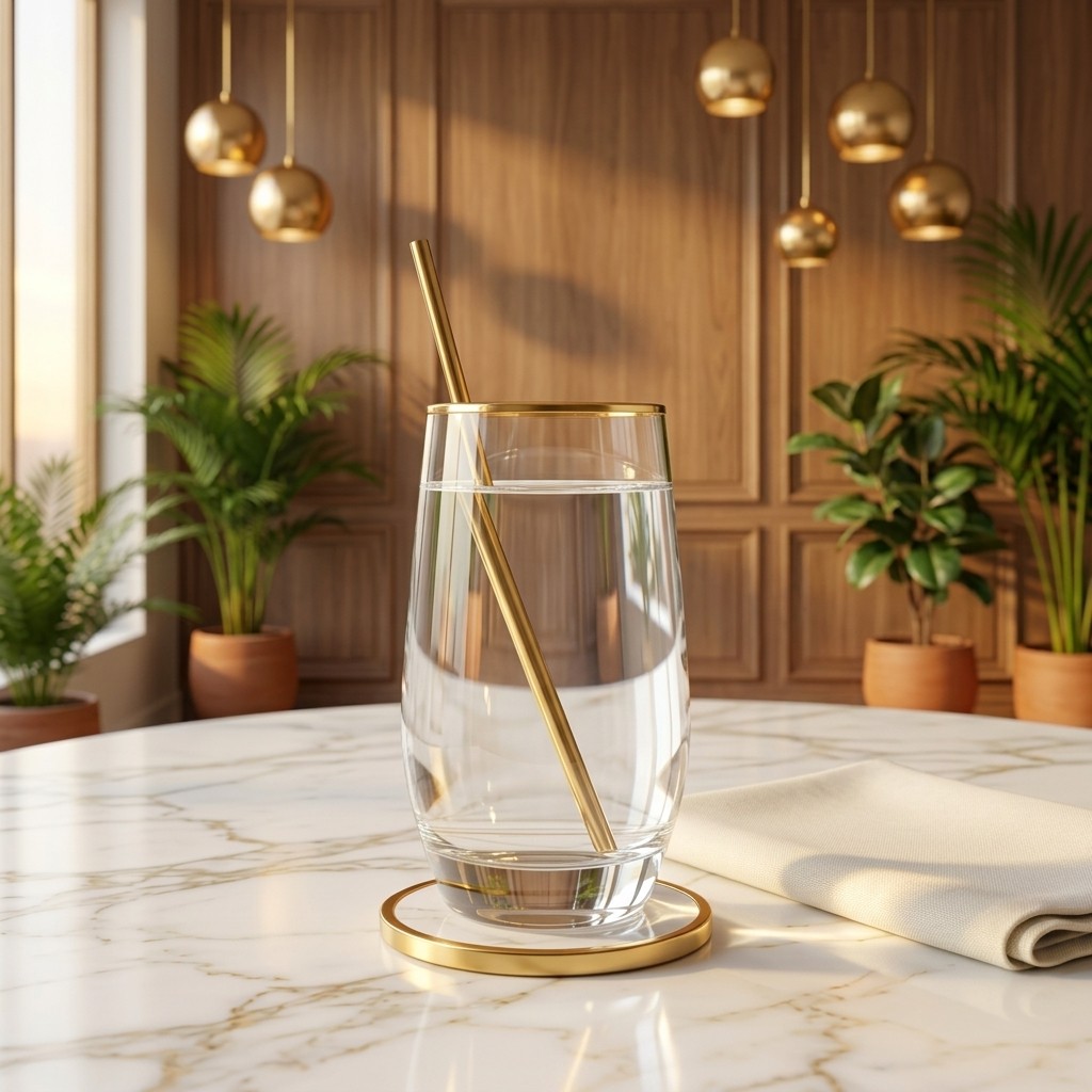 Crystal-clear alkaline water in a gold-rimmed glass with a gold straw, on white marble