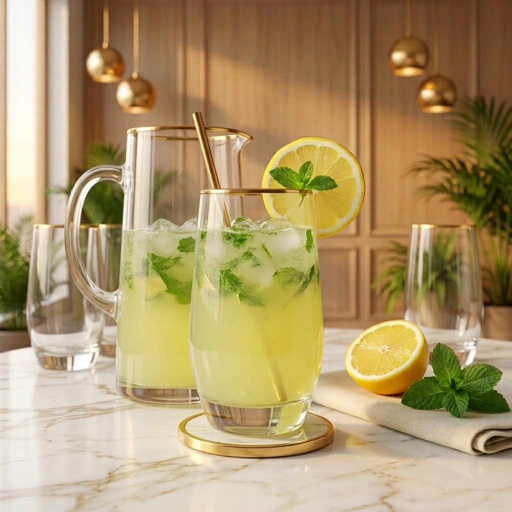 One litre jug of lemon mint with a filled glass and three empty glasses, on white marble