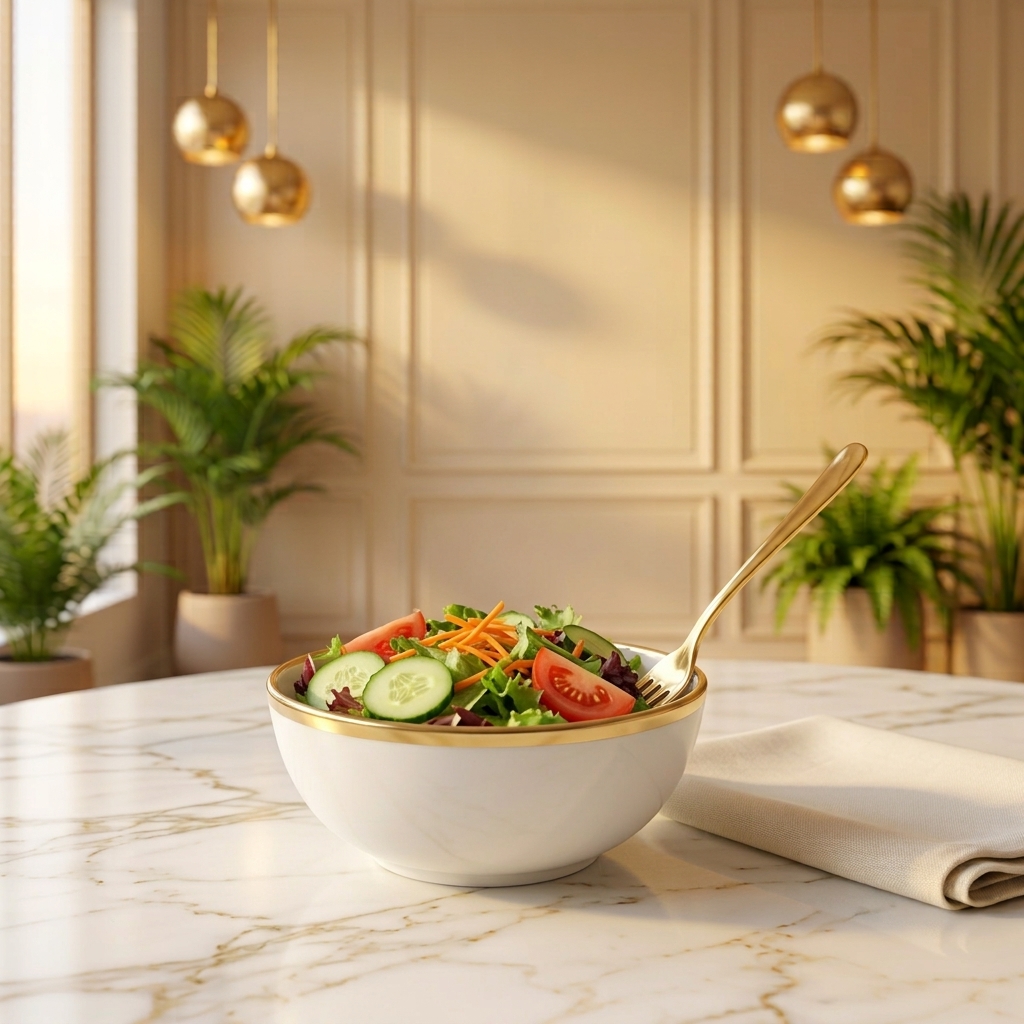 Fresh green salad with cucumber, tomato and carrot in a gold-rimmed bowl with a gold fork, on white marble