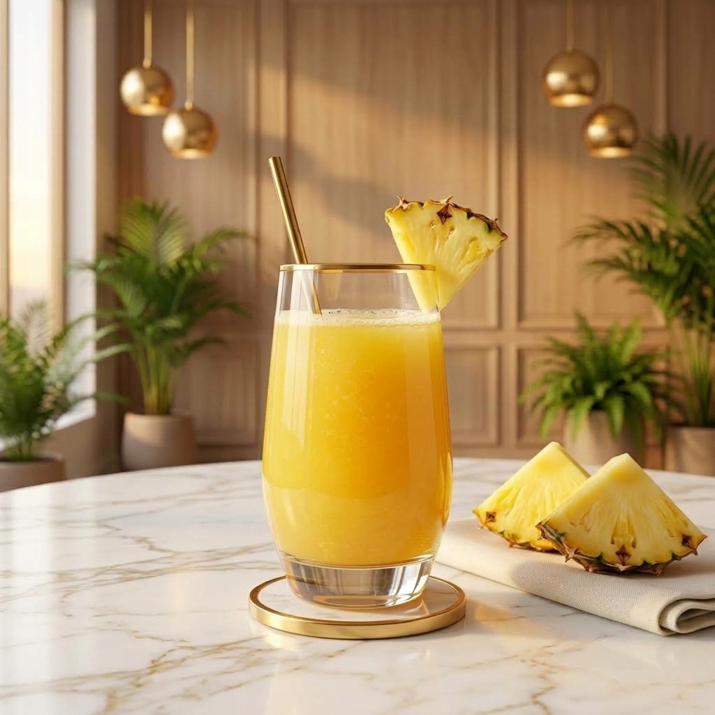 Fresh pineapple juice in a gold-rimmed glass with a pineapple wedge and gold straw, on white marble
