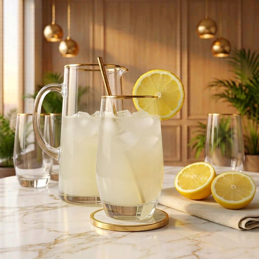 One litre jug of fresh lemon juice with a filled glass and three empty glasses, on white marble