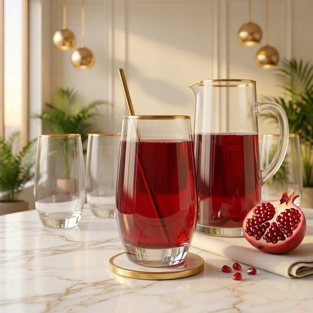 Pomegranate juice in a gold-rimmed glass jug and glass, half a pomegranate, three empty glasses, on white marble