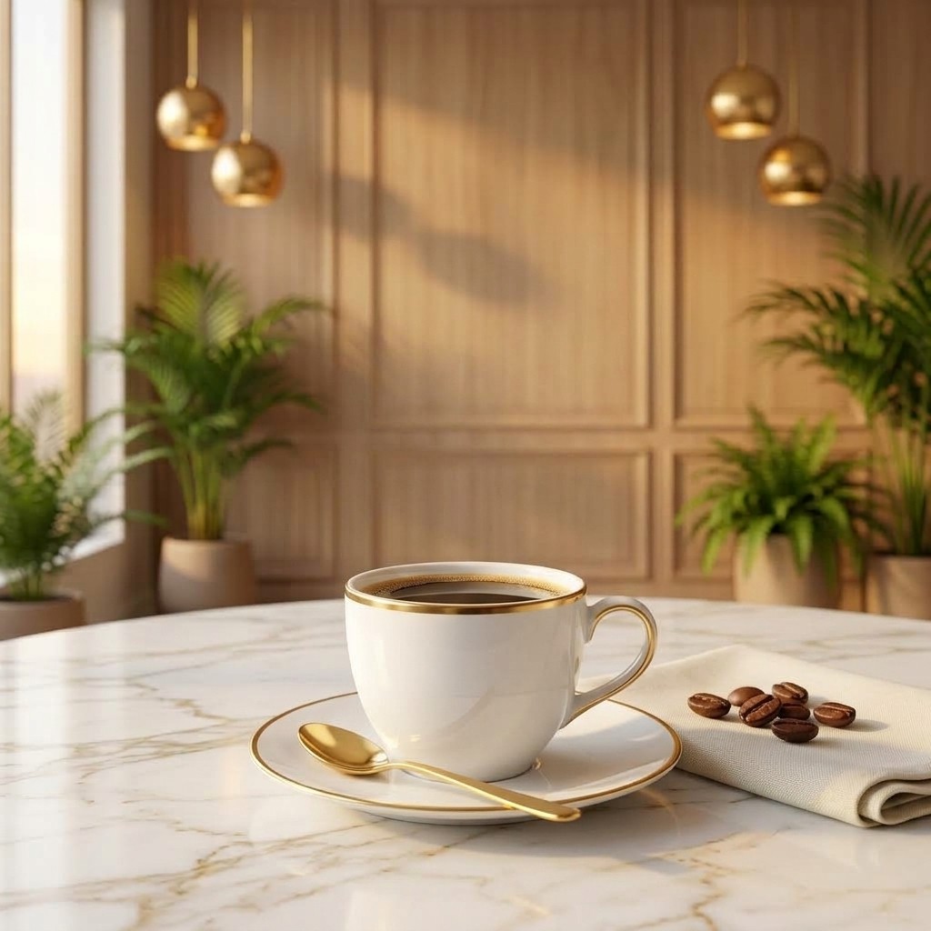 Black coffee in a gold-rimmed white porcelain cup and saucer, with a gold teaspoon, on white marble