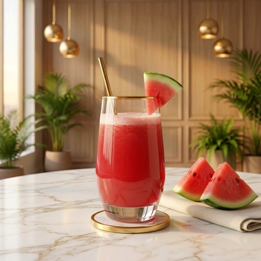 Fresh watermelon juice in a gold-rimmed glass with a watermelon wedge and gold straw, on white marble