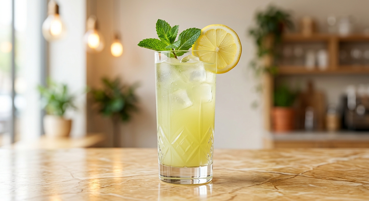 Lemon Mint juice in a crystal glass with mint and lemon garnish