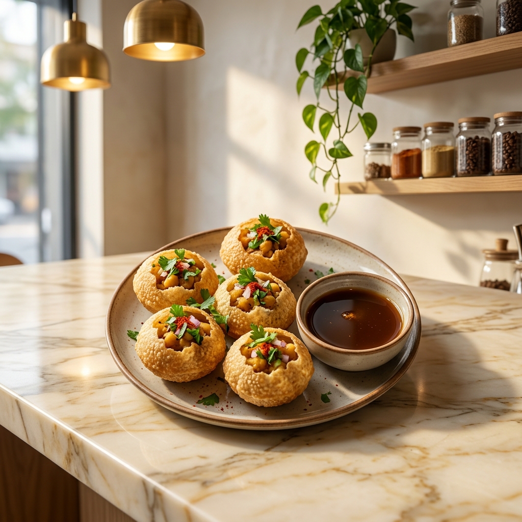 Our regular fuchka with egg, extra chickpea and fresh coriander. Fuller and richer, and still properly crisp because it is filled only after your order comes in. Tamarind water made the same day.