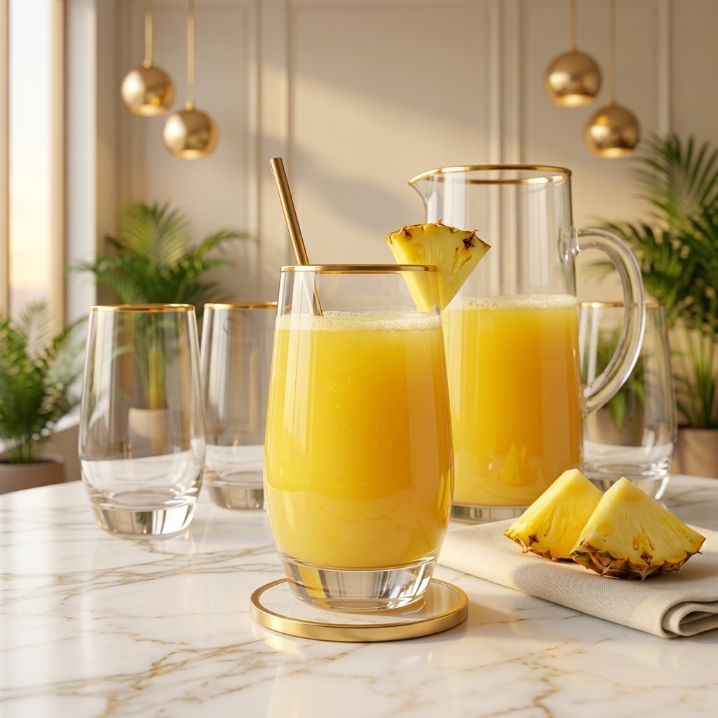 Pineapple juice in a gold-rimmed glass jug and glass with a pineapple wedge, three empty glasses, on white marble