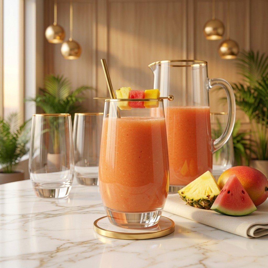One litre jug of mixed fruit juice with a filled glass and empty glasses, on white marble