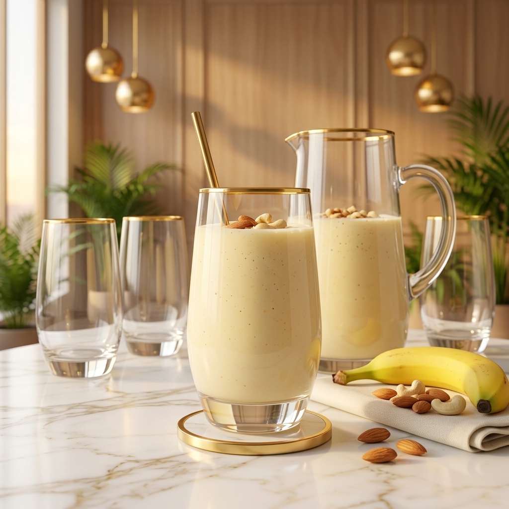 Banana milkshake in a gold-rimmed glass jug and glass topped with nuts, a banana, three empty glasses, on white marble