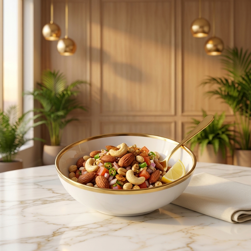 Mix badam salad with almonds, cashews and peanuts, onion, tomato and green chilli in a gold-rimmed bowl, on white marble